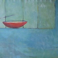 rote Schale, Acryl a/L, 72x115cm